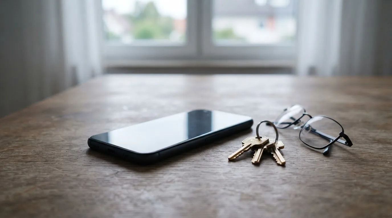 Ein Smartphone liegt mit dunklem Display auf einem Holztisch neben einem Schlüsselbund und einer Brille im Licht eines Fensters.