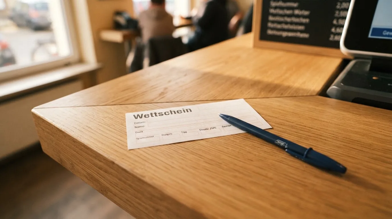 Ein leerer Papier-Wettschein und ein Kugelschreiber liegen auf einer Theke aus hellem Holz im Tageslicht.