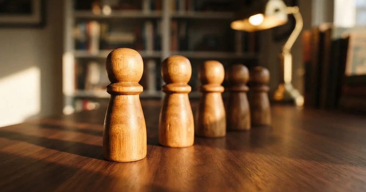 Fünf Holzfiguren stehen in einer Reihe auf einem Tisch, die erste Figur ist leicht nach vorn gerückt.