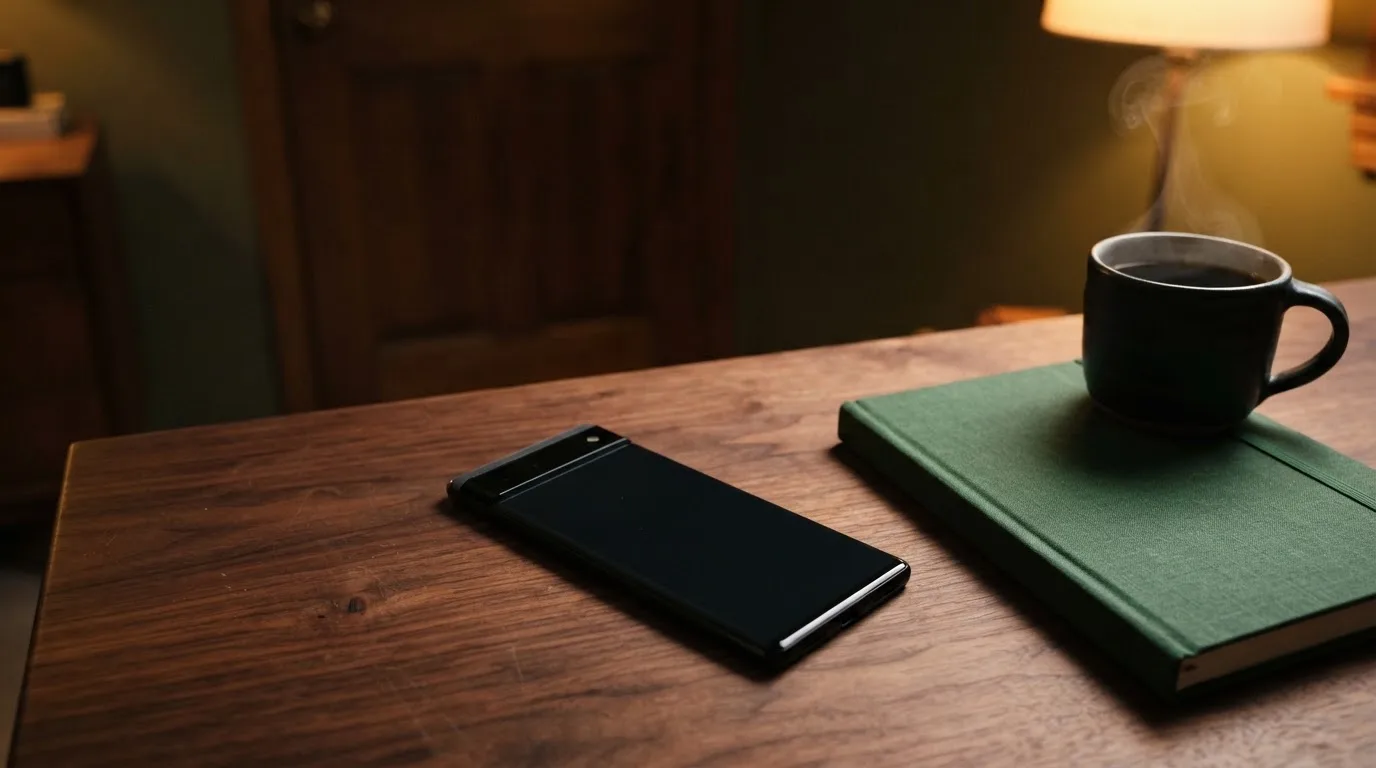 Ein Smartphone liegt mit dunklem Display auf einem Schreibtisch neben einem Notizbuch und einer Kaffeetasse.