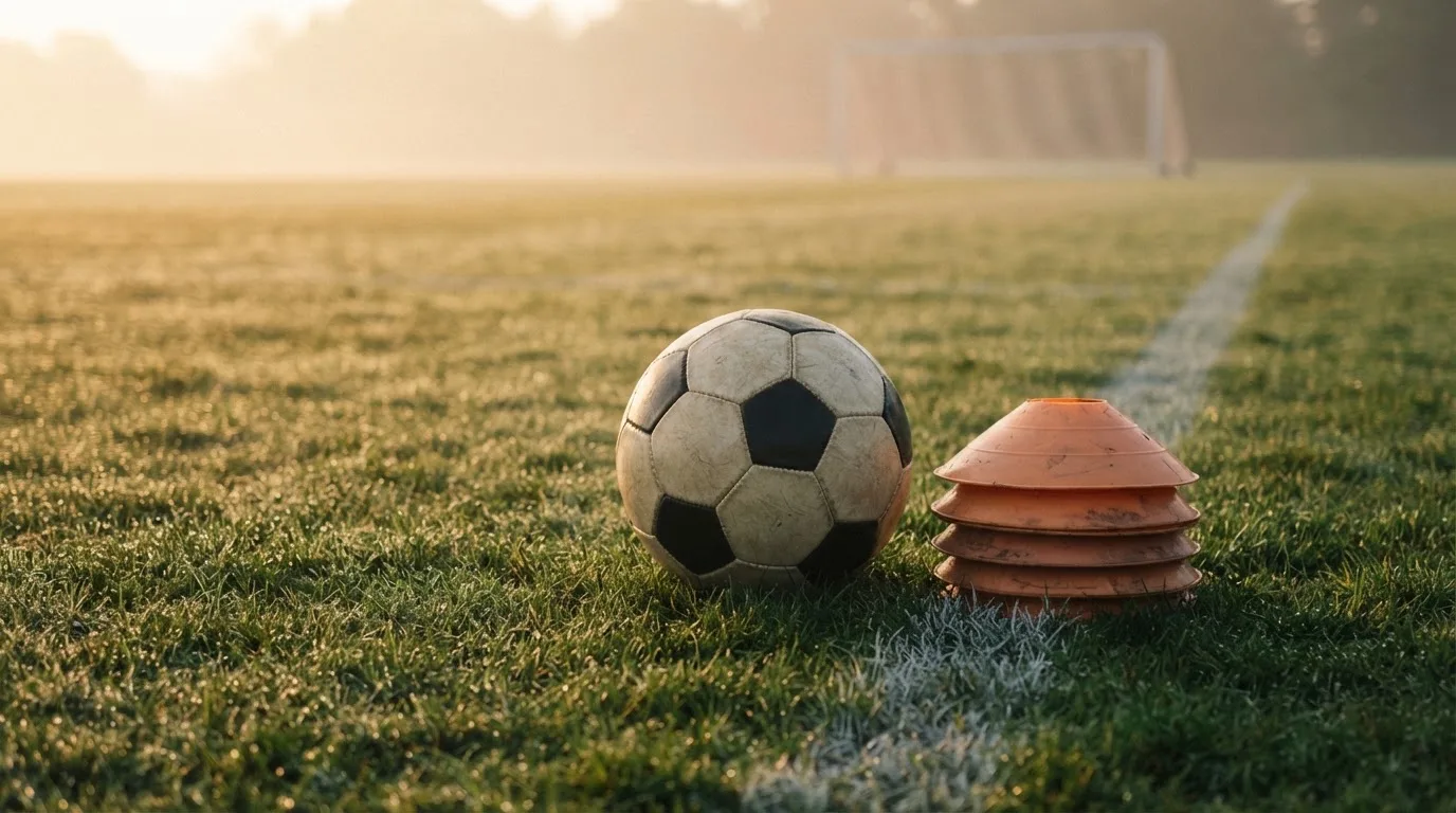 Ein Fußball liegt auf einem Rasenplatz bei Sonnenaufgang, daneben ein kleiner Stapel Trainingshütchen.