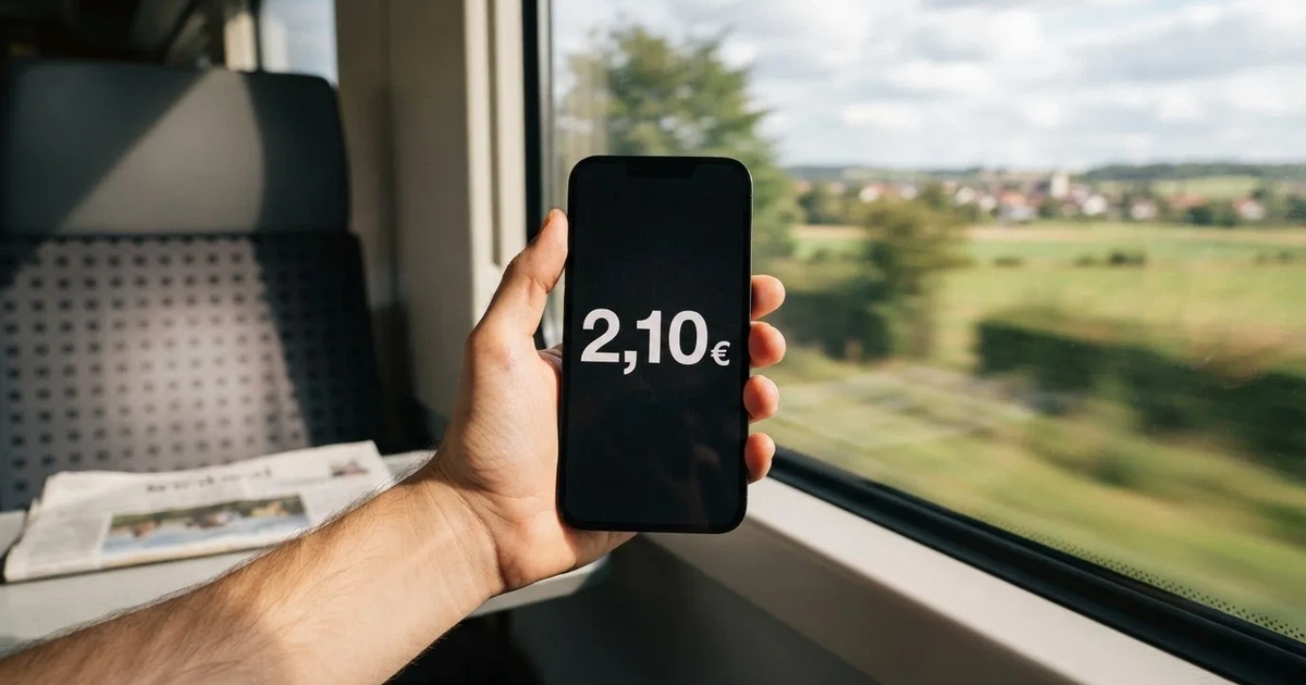 Eine Hand hält ein Smartphone mit dunklem Display in einem Zug, am Fenster ziehen verschwommen Felder vorbei.