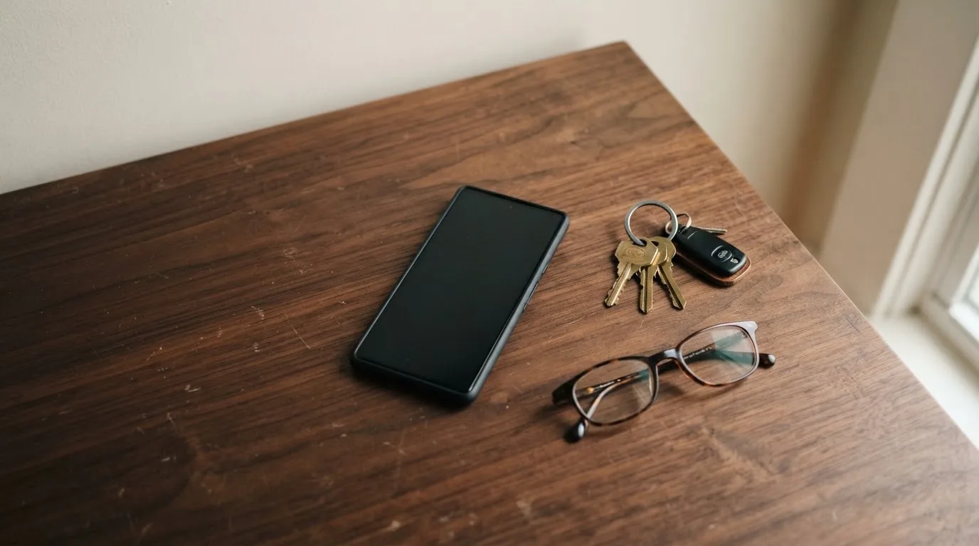 Ein Smartphone liegt mit dunklem Display auf einem Schreibtisch neben einem Schlüsselbund und einer Brille.
