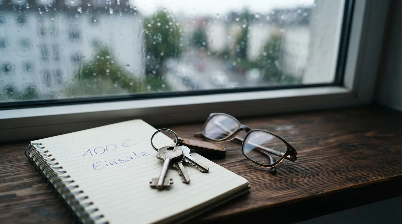 Ein Schlüsselbund und eine Brille liegen auf einem leeren Block neben einem Fenster mit Regentropfen.
