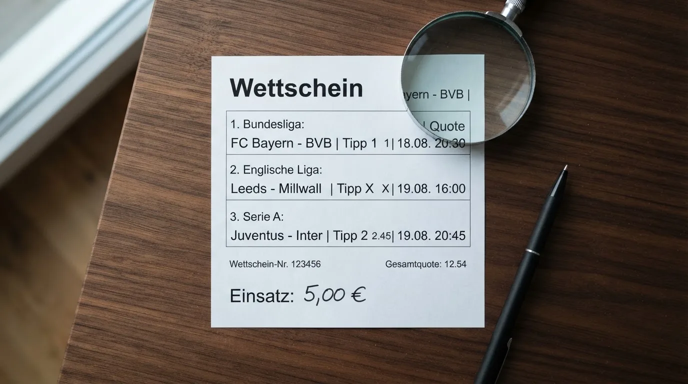 Ein leerer Wettschein aus Papier und ein Kugelschreiber liegen auf einem Schreibtisch neben einer Lupe.