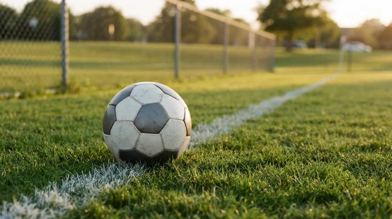 Ein Fußball liegt am Rand eines Rasens neben einer weißen Linie, im Hintergrund ein Zaun in der Abendsonne.