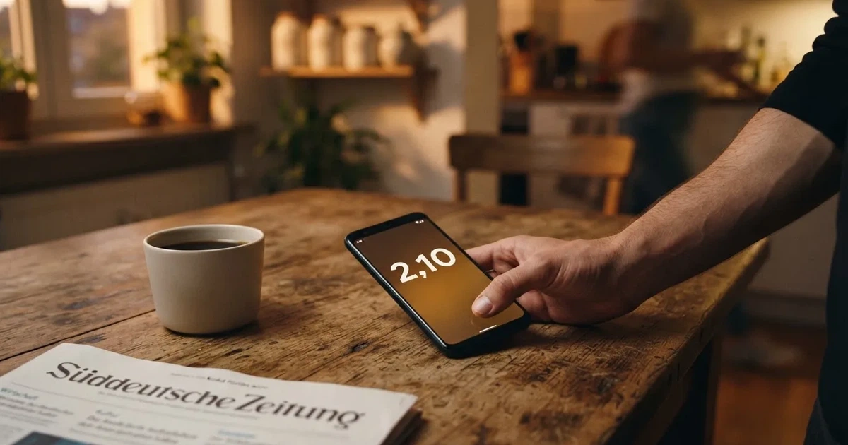 Ein Daumen schwebt über einem Smartphone mit dunklem Display, das auf einem Küchentisch neben einer Tasse liegt.