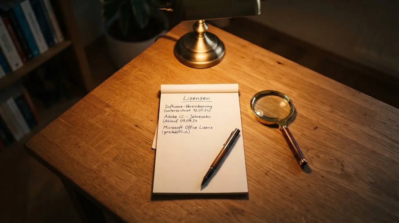 Ein Schreibtisch mit Lupe, Kugelschreiber und einem leeren Notizblock unter einer Lampe in einem ruhigen Raum.