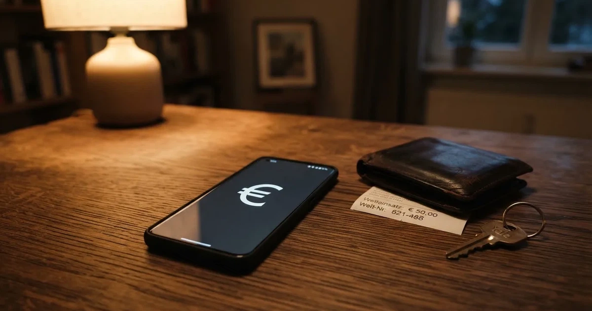 Ein Smartphone mit dunklem Display liegt neben einer Geldbörse und einem Schlüssel auf einem Tisch.