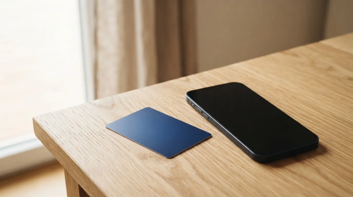 Eine Bankkarte ohne Aufdruck liegt neben einem Smartphone mit dunklem Display auf einem Holztisch.