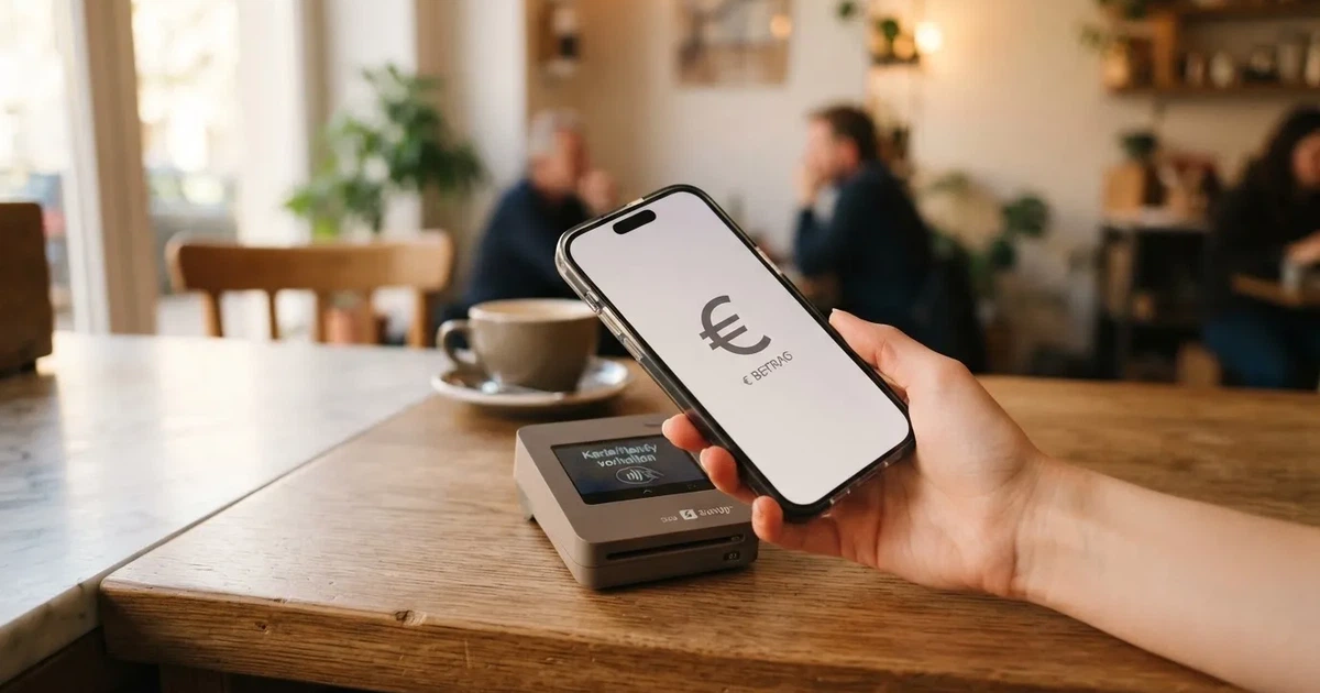 Eine Hand hält ein Smartphone dicht an ein Kartenlesegerät ohne erkennbare Beschriftung in einem Café.