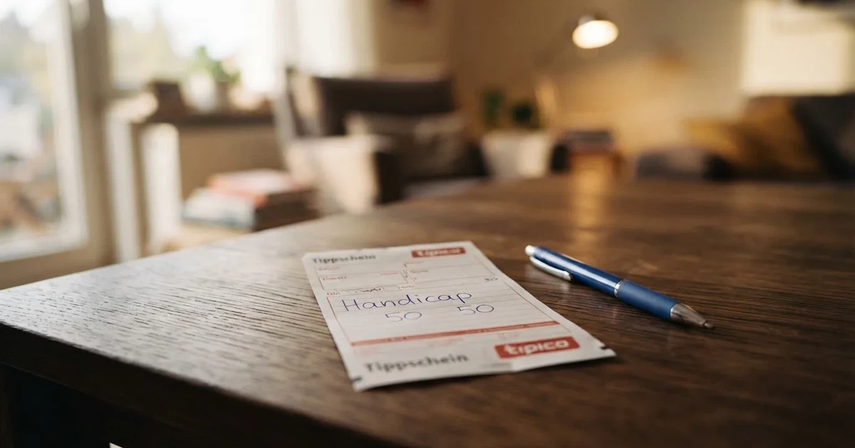 Ein leerer Papier-Wettschein liegt neben einem Kugelschreiber auf einem Tisch, ohne lesbaren Aufdruck.