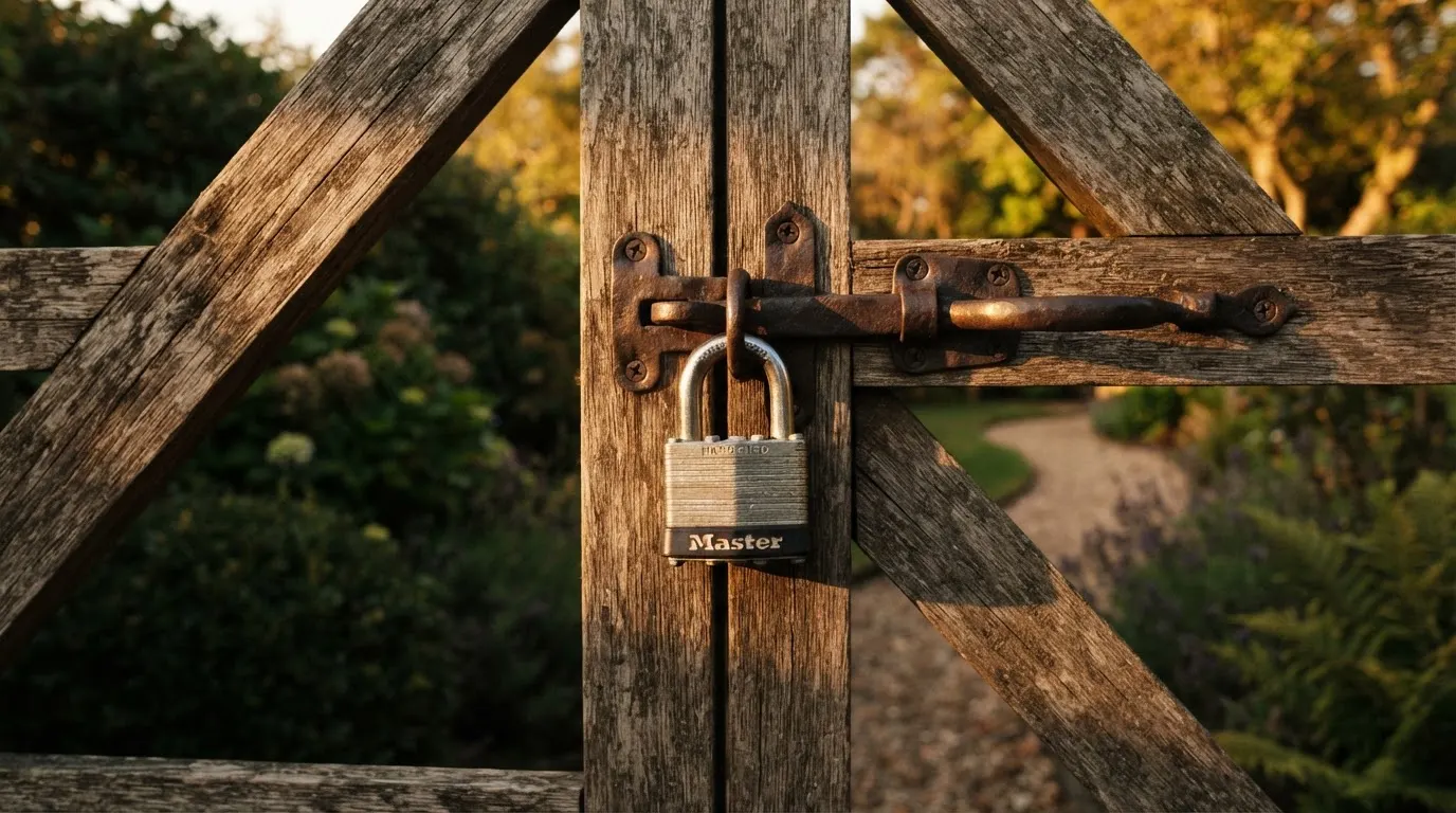 Ein Vorhängeschloss hängt an einem Gartentor im Abendlicht, dahinter ein unscharfer Weg.