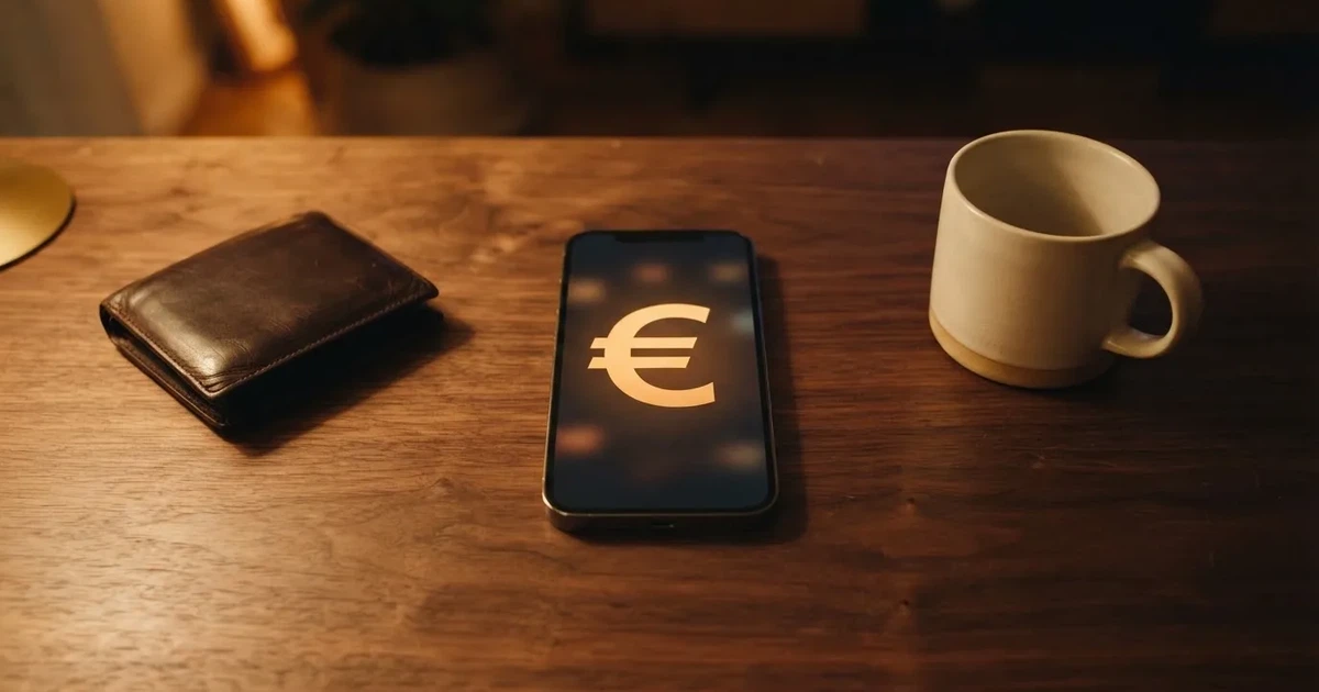 Ein Smartphone mit dunklem Display liegt auf einem Tisch neben einer Geldbörse und einer Tasse Kaffee.