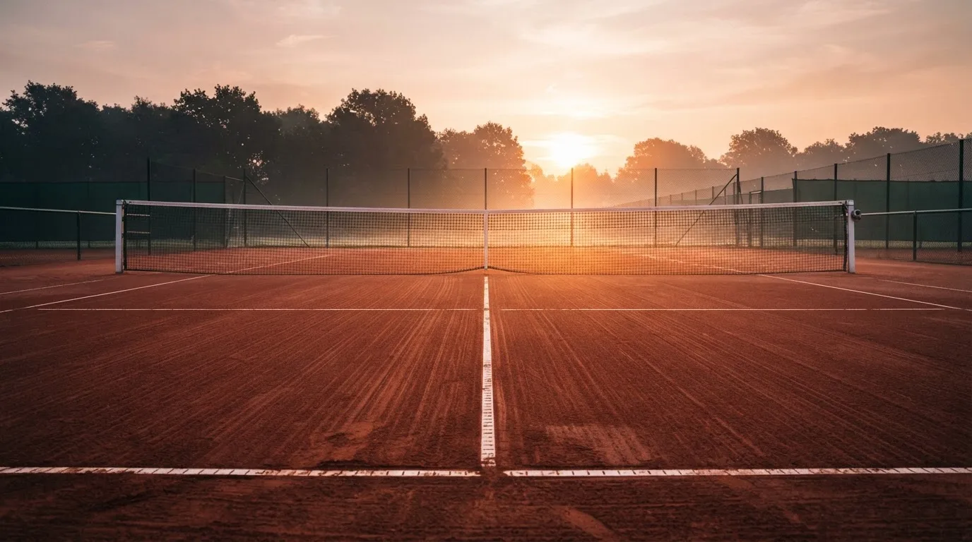 Ein Tennisplatz aus Sand bei Sonnenaufgang, das Netz im Gegenlicht, kein Mensch zu sehen.