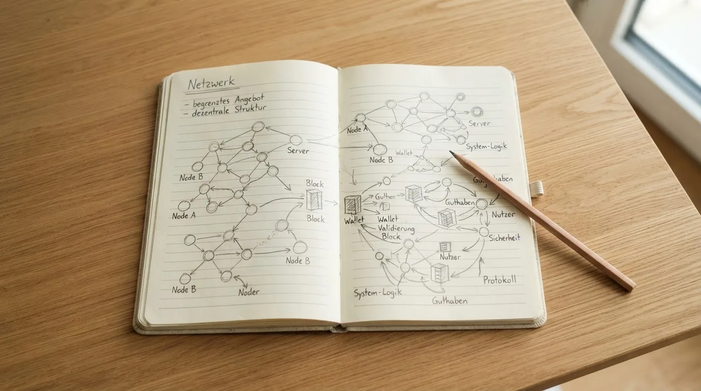 Ein Notizbuch mit handgezeichneten Knoten und Linien liegt neben einem Bleistift auf einem Schreibtisch.