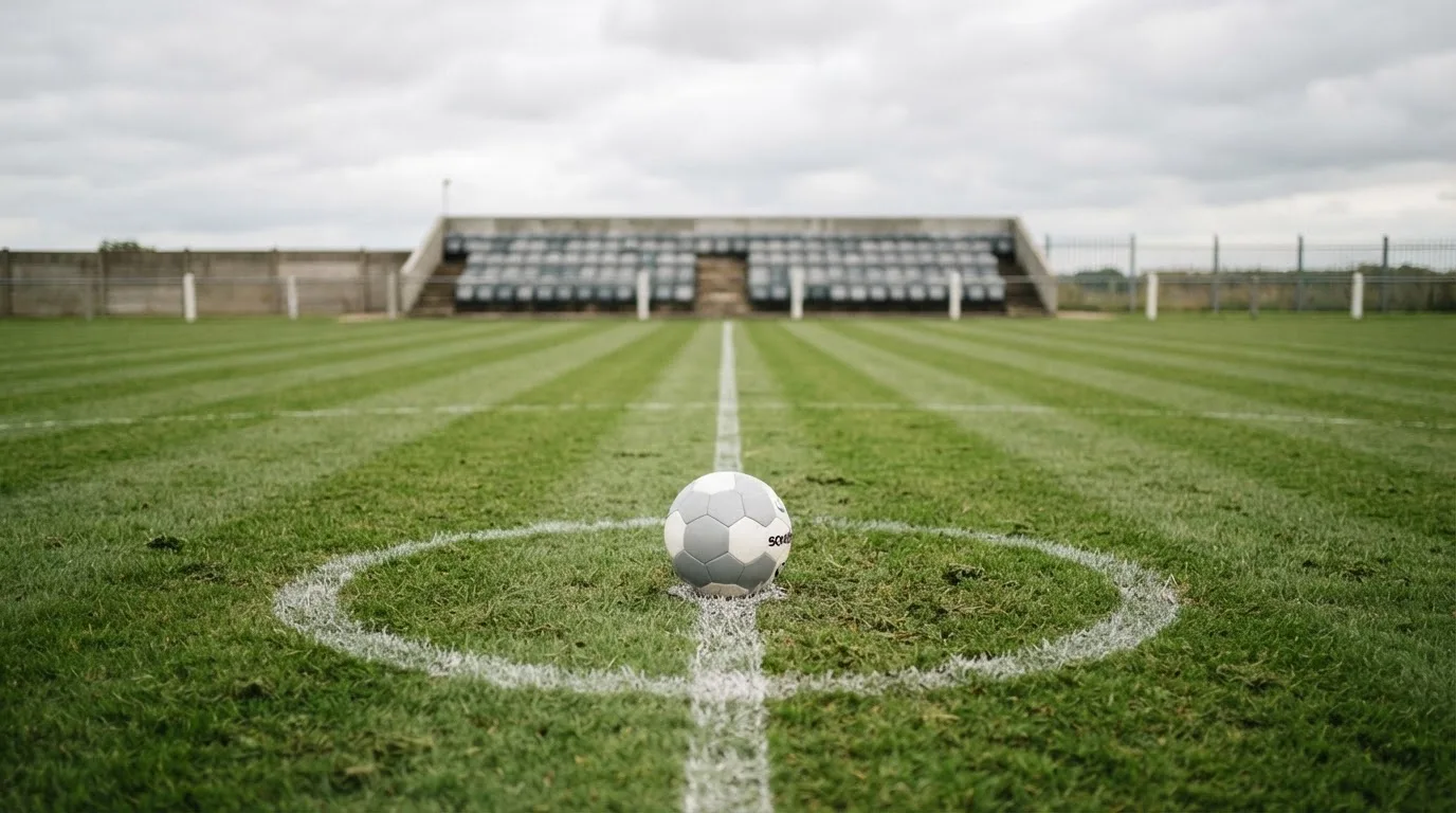 Ein Fußball liegt auf dem Anstoßpunkt eines leeren Rasenplatzes, im Hintergrund eine ruhige Tribüne unter bedecktem Himmel.