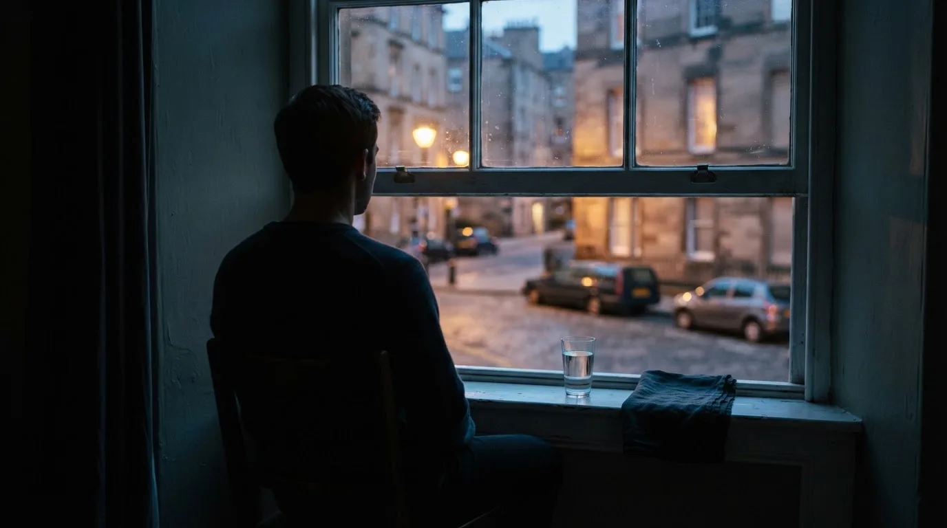 Die Silhouette einer Person sitzt am Abend am Fenster und blickt auf eine Straße, auf dem Fensterbrett steht ein Glas Wasser.