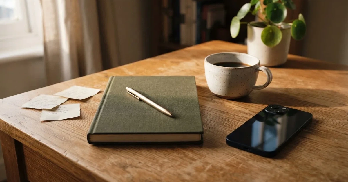 Ein Holzschreibtisch im Morgenlicht mit geschlossenem Notizbuch, Kugelschreiber und Kaffeetasse, daneben ein Smartphone mit dunklem Bildschirm.