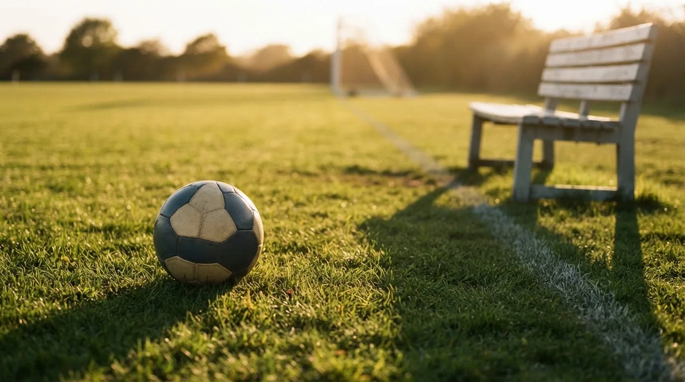 Ein Fußball auf einem Rasenplatz im Gegenlicht der tiefstehenden Sonne, am Spielfeldrand eine leere Ersatzbank.