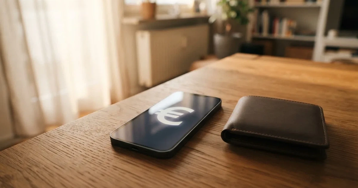 Ein Smartphone mit dunklem Bildschirm liegt neben einer Geldbörse und wenigen Münzen auf einem Holztisch im weichen Fensterlicht.