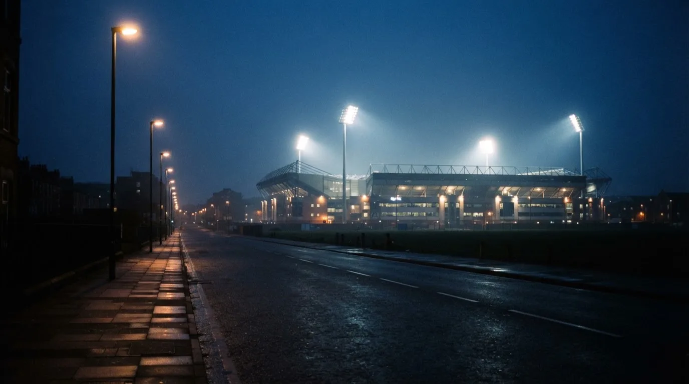 Ein Stadion unter Flutlicht aus der Ferne gesehen, davor eine dunkle Straße mit Laternen und ohne Menschen.