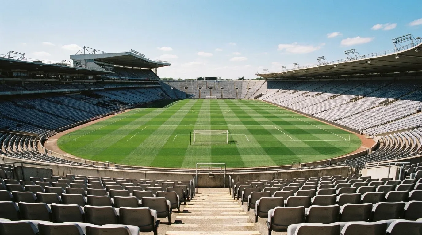 Ein leeres Fußballstadion bei Tageslicht von der Tribüne aus gesehen, der Rasen zeigt gleichmäßige Mähstreifen.