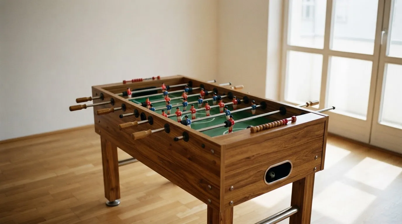 Ein Tischkicker in einem leeren Raum, die Spielfiguren in Reihe, Tageslicht fällt durch ein großes Fenster.