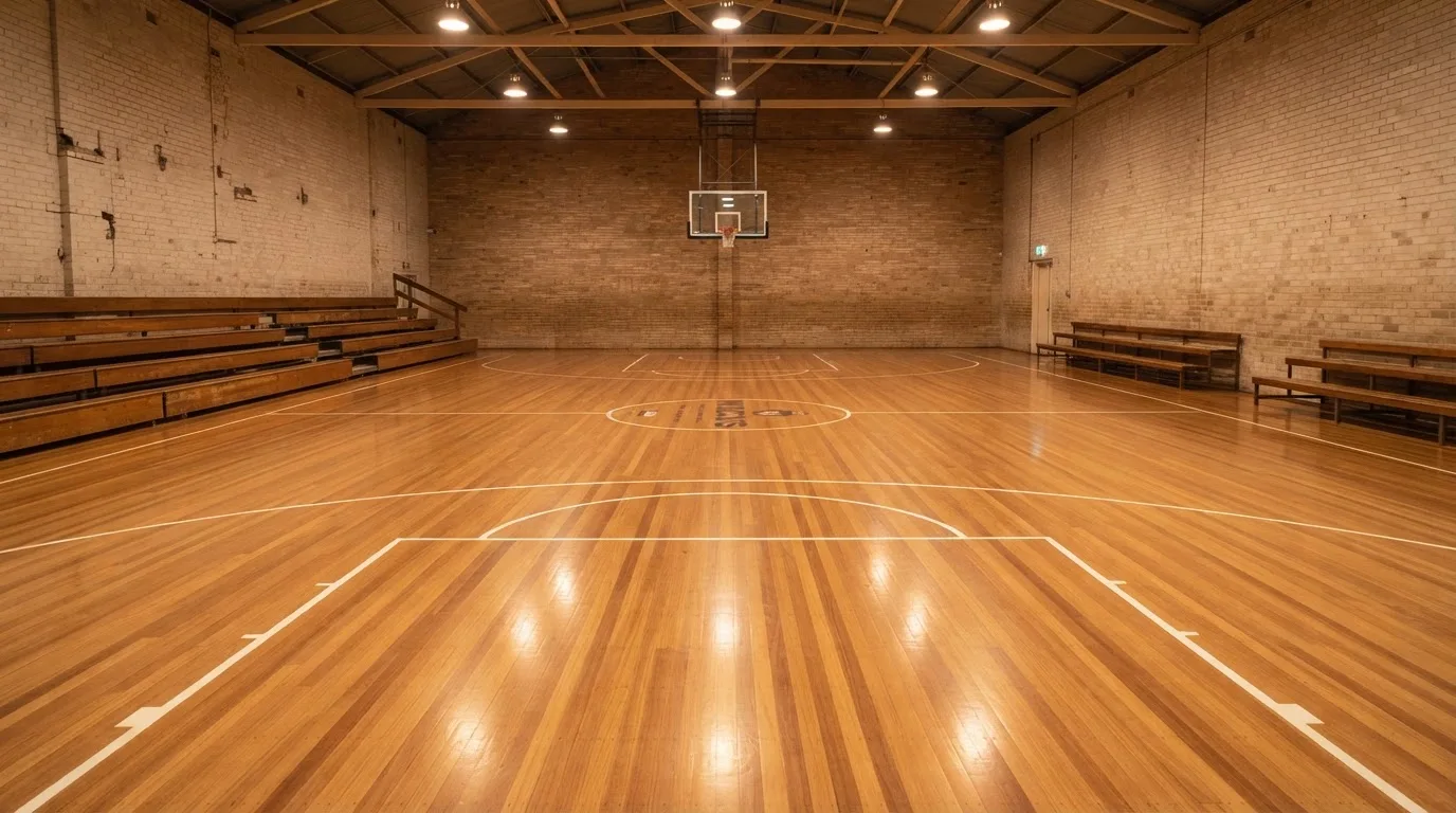 Ein Basketballfeld in einer leeren Halle, das Parkett spiegelt das Licht der Deckenlampen.