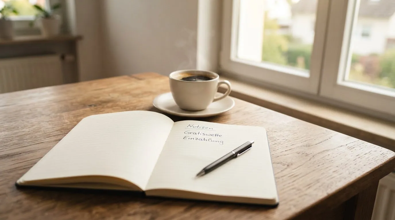 Eine Tasse Kaffee, ein Kugelschreiber und ein aufgeschlagenes leeres Notizbuch auf einem Küchentisch am Fenster.