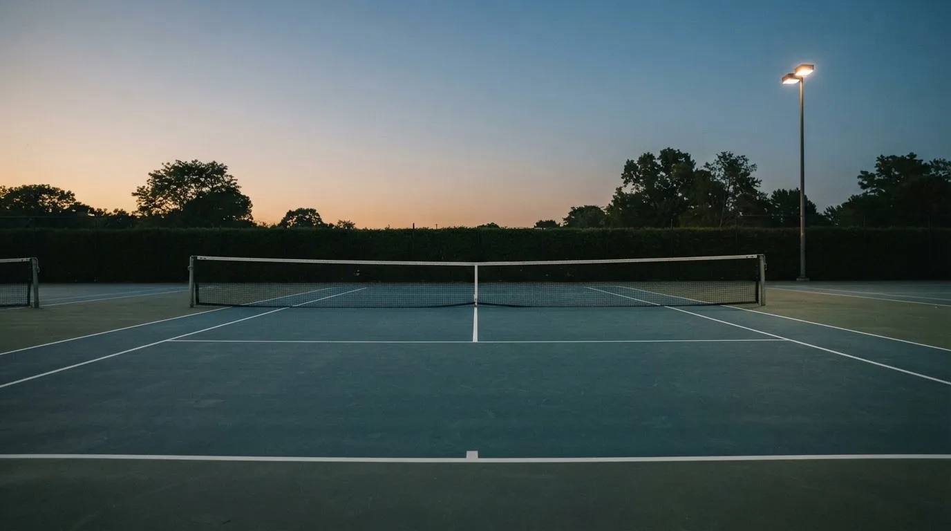 Ein Tennisplatz in der Dämmerung, Netz und Linien im Zwielicht, ohne Menschen und mit ruhigem Himmel.