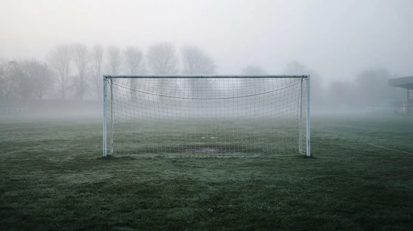 Ein Fußballtor mit Netz im Morgennebel auf einem leeren Platz, die Linien nur schwach zu erkennen.