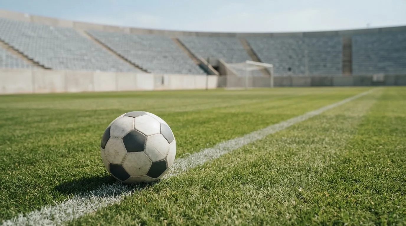 Ein Fußball liegt am Spielfeldrand eines Rasenplatzes, im Hintergrund eine leere Tribüne unter hellem Himmel.