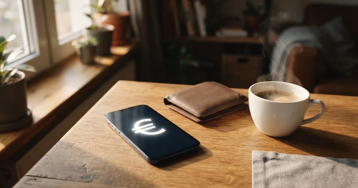 Ein Smartphone mit dunklem Bildschirm liegt auf einem Holztisch neben einem Portemonnaie und einer Kaffeetasse im Fensterlicht.