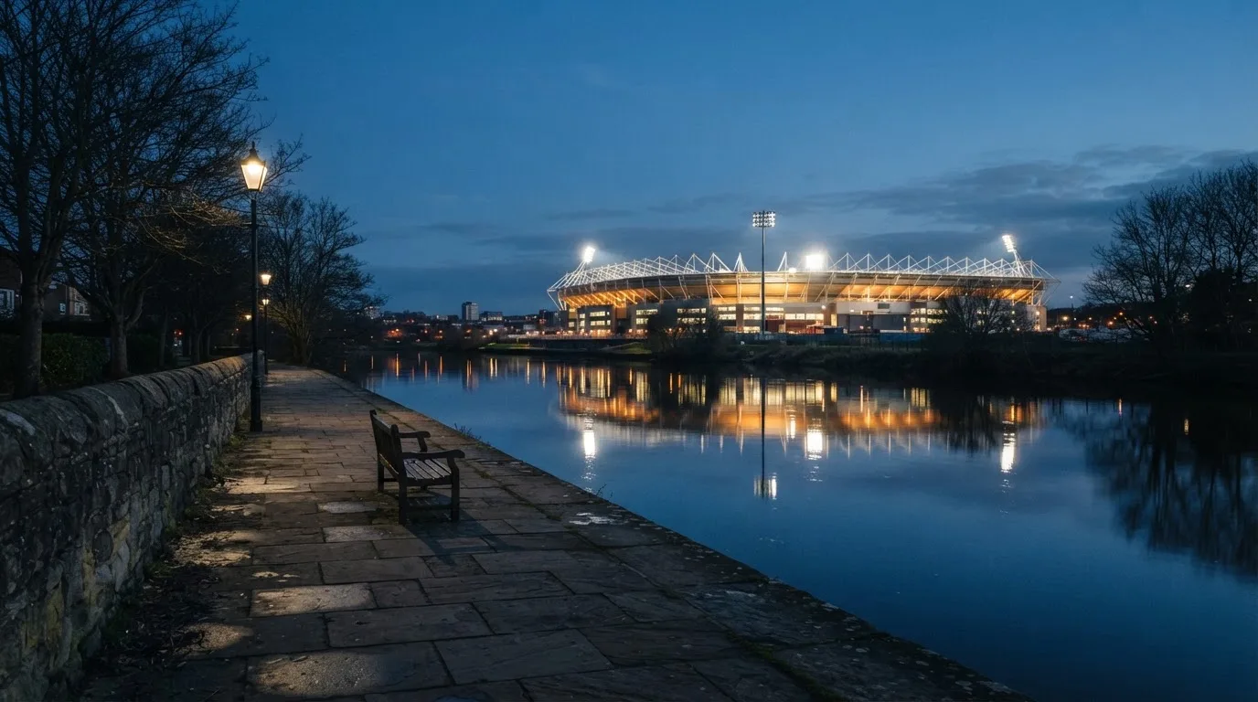 Ein Stadion unter Flutlicht aus der Ferne gesehen, im Vordergrund ein ruhiger Fluss und ein Fußweg.
