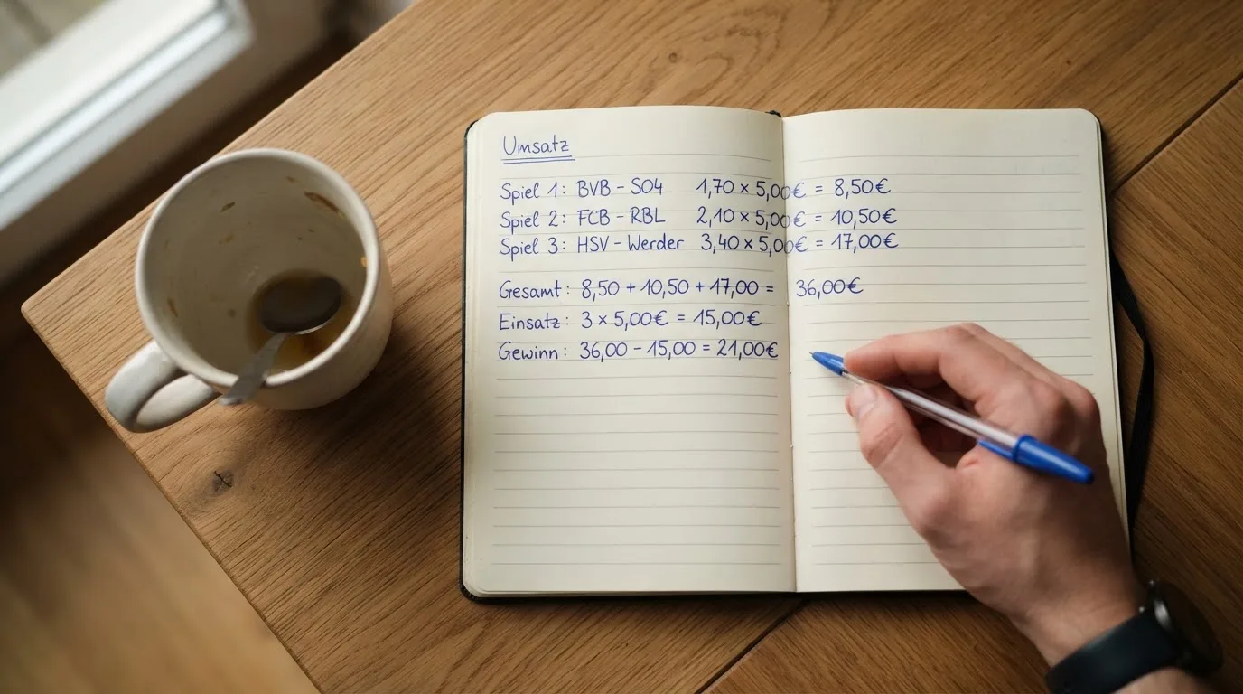 Ein Notizbuch mit handgeschriebenen Rechnungen und ein Taschenrechner auf einem Schreibtisch neben einer Teetasse.