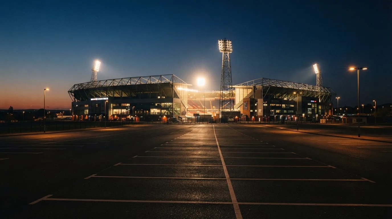 Ein Stadion unter Flutlicht aus der Ferne gesehen, davor ein leerer Parkplatz in der Dämmerung.