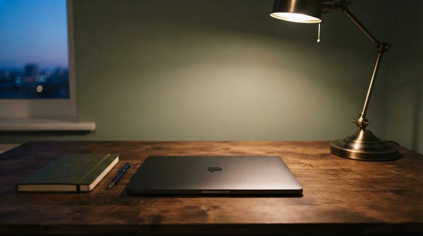 Ein Schreibtisch mit Lampe und geschlossenem Laptop in einem ruhigen Büro bei Abendlicht.