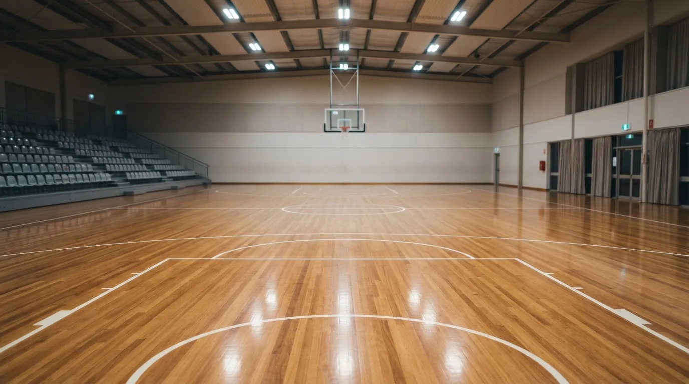 Ein Basketballfeld in einer leeren Halle, das Parkett spiegelt das Deckenlicht.