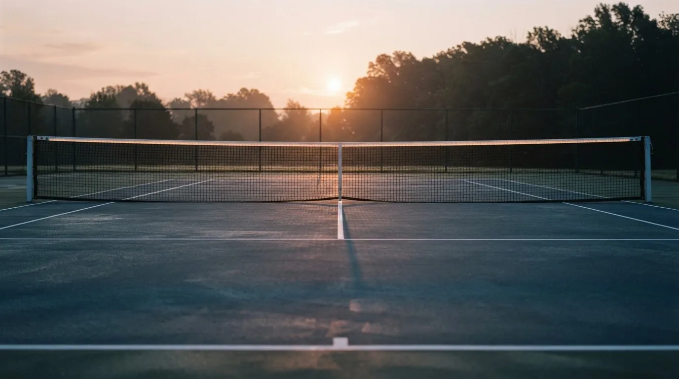 Ein Tennisplatz bei Sonnenaufgang, Netz und Linien im Streiflicht, ohne Menschen.