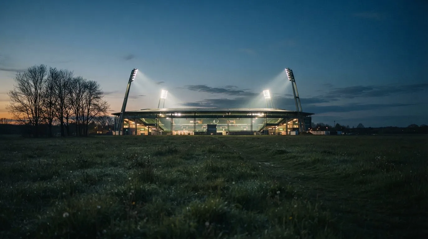Ein Stadion unter Flutlicht aus der Ferne gesehen, im Vordergrund ein leeres Feld in der Dämmerung.