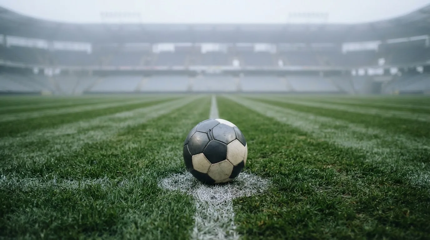 Ein Fußball liegt auf dem Anstoßpunkt eines leeren Rasenplatzes, im Hintergrund hängt Morgendunst über den Tribünen.