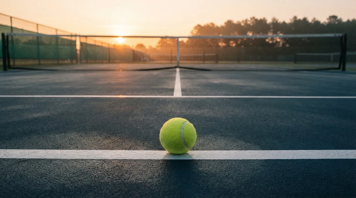 Ein Tennisplatz bei Sonnenaufgang, die Linien noch taufeucht, ein einzelner Ball liegt an der Grundlinie.