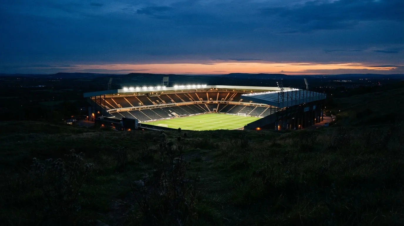 Ein leeres Stadion mit hell erleuchteten Rängen in der Abenddämmerung, von einem Hügel aus fotografiert.
