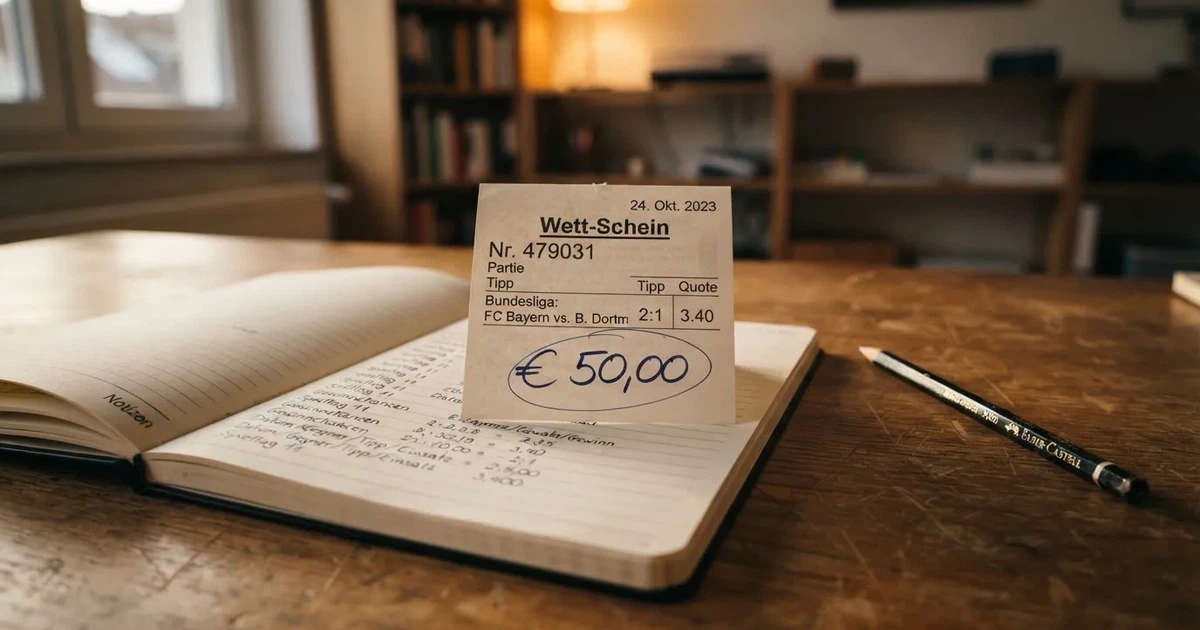 Ein paar Euro-Münzen und ein einzelner Geldschein liegen neben einem aufgeschlagenen Notizbuch mit handschriftlichen Zahlenreihen auf einem Schreibtisch.