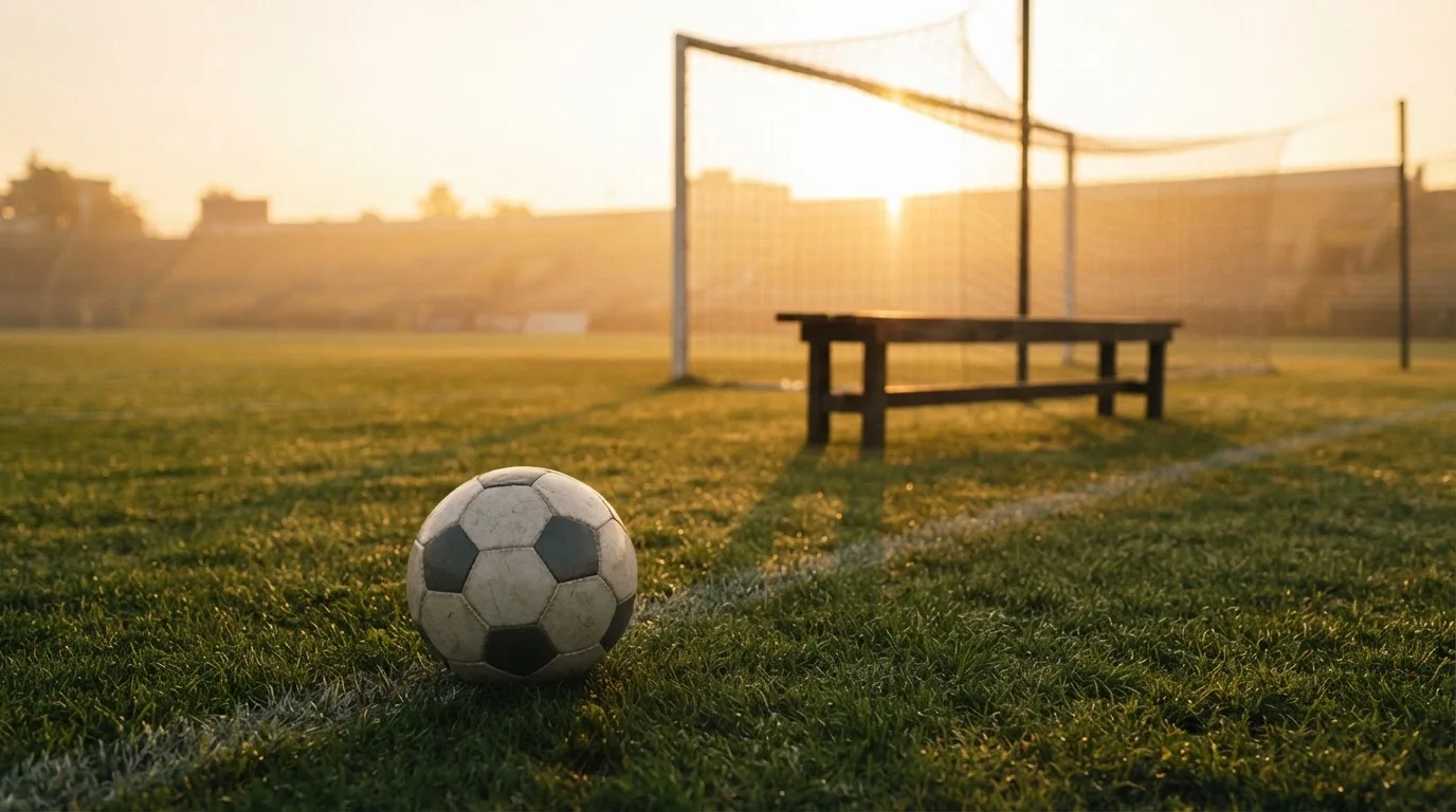Ein Fußball liegt im Gras am Spielfeldrand, dahinter eine leere Bank und ein Tor im Gegenlicht.