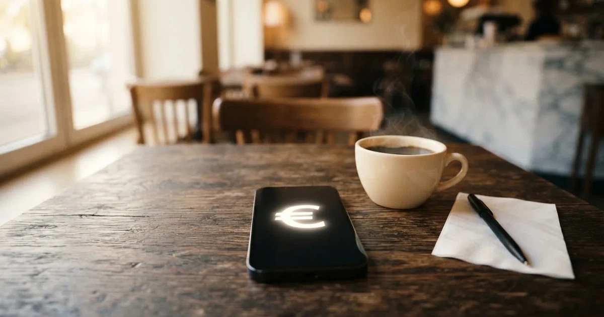 Ein Smartphone liegt mit dunklem Display auf einem Café-Tisch neben einer Tasse Kaffee und einem Kugelschreiber.