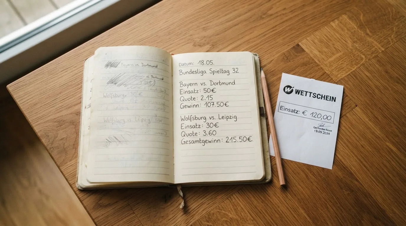 Ein Notizbuch mit handschriftlichen Notizen liegt aufgeschlagen neben einem leeren Papier-Wettschein auf einem Holztisch.