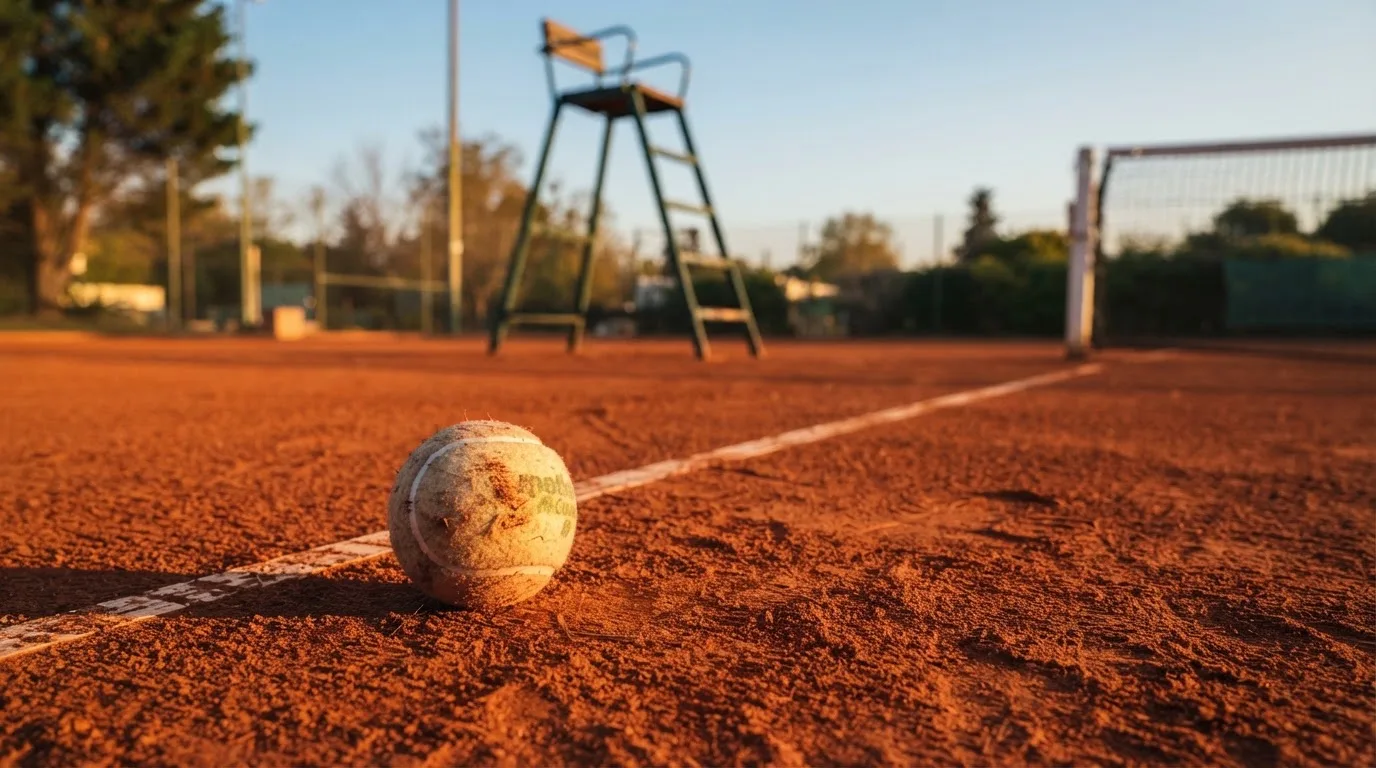 Ein Tennisball liegt auf einem roten Sandplatz bei Sonnenaufgang, im Hintergrund ein leerer Schiedsrichterstuhl.
