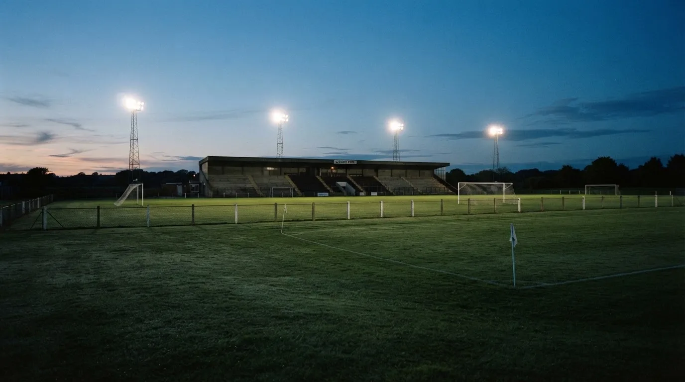 Ein Stadion unter Flutlicht aus der Ferne, davor ein stilles Feld im Dämmerlicht.